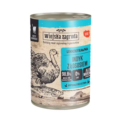 Wiejska Zagroda märkäruoka aikuisille kissoille, kalkkuna ja lohi. 98,8 % lihaa, kalaa, sisäelimiä ja lientä, 0 % viljaa, merilevä spirulina, hypoallergeeninen. Puolalainen tuote.