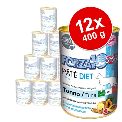 Forza10 Paté Diet Tonno Tuna, 12 x 400g cans, visible text includes 'Microcapsule System', 'Sensitive', 'Made in Italy', 'Veterinary Canine Formula', and ingredients images on label.