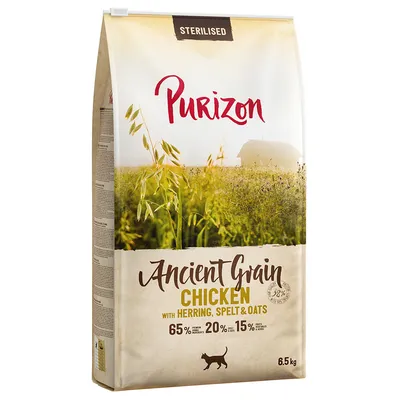 Purizon Sterilised Ancient Grain Chicken con herring, spelt & oats. 65 % proteína animal, 20 % cereales ancestrales, 15 % fruta y verduras. Saco de 6,5 kg para gatos.