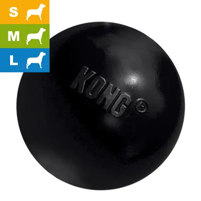 KONG svart boll i gummi. Storleksval: S, M, L visas med silhuetter av hundar på färgade fält. KONG svart boll i gummi. Storleksval: S, M, L visas med silhuetter av hundar på färgade fält.