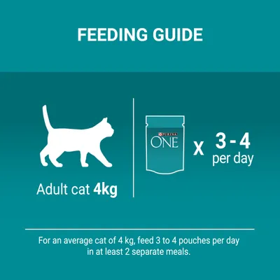 Fodringsvejledning: voksen kat 4 kg, Purina ONE poser 3–4 pr. dag. For en gennemsnitlig kat på 4 kg, giv 3 til 4 poser dagligt fordelt på mindst 2 måltider.