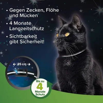 Schutz gegen Zecken, Flöhe und Mücken. Bis zu 4 Monate Langzeitschutz. Sichtbarkeit gibt Sicherheit! Halsband mit 35 cm Länge.