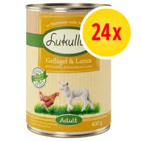 Lukullus Geflügel & Lamm Adult natvoer, 400 g blik met afbeelding van kip en lam, tekst: mit Kartoffeln, Löwenzahn und Leinöl. Verpakkingseenheid: 24x.