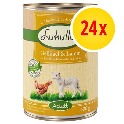 Voordeelpakket Lukullus 24 x  400 g Combinatie III: Gevogelte & Lam, Wild Konijn & Kalkoen, Konijn & Wild, Rund & Kalkoen