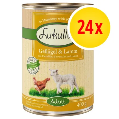 Lukullus Geflügel & Lamm Adult natvoer, 400 g blik met afbeelding van kip en lam, tekst: mit Kartoffeln, Löwenzahn und Leinöl. Verpakkingseenheid: 24x. Lukullus Geflügel & Lamm Adult natvoer, 400 g blik met afbeelding van kip en lam, tekst: mit Kartoffeln, Löwenzahn und Leinöl. Verpakkingseenheid: 24x.