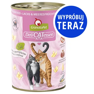 GranataPet DeliCATessen, łosoś i owoce morza, puszka z ilustracją dwóch kotów. Niebieskie koło z napisem: WYPRÓBUJ TERAZ.
