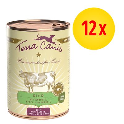 Terra Canis Rind mit Karotte, Apfel & Naturreis, 12 x puszka. Widoczne: wołowina z marchewką, jabłkiem i brązowym ryżem. 100 % Natur. Opakowanie zbiorcze.