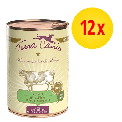 Terra Canis Rind mit Karotte, Apfel & Naturreis, 12 x puszka. Widoczne: wołowina z marchewką, jabłkiem i brązowym ryżem. 100 % Natur. Opakowanie zbiorcze.