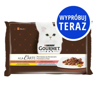 Purina Gourmet A La Carte, 4x85g. Opakowanie karmy dla kotów z wizerunkiem białego kota i talerzem jedzenia. Niebieski napis: WYPRÓBUJ TERAZ.