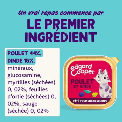 Edgard Cooper pâté pour chats âgés avec 44 % de poulet, 15 % de dinde, minéraux, glucosamine, myrtilles séchées, feuilles d’ortie et sauge.