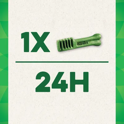 Greenies tandplejesnack, anbefalet: 1 stk. hver 24. time.