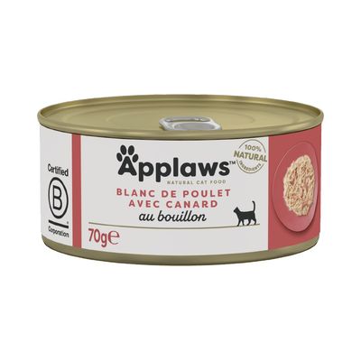 Lot de 24 boîtes Applaws Ocean Fish in broth pour chat, 70 g chacune, ingrédients 100 % naturels, Certified B Corporation visible sur l’emballage.