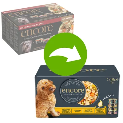 Pachet multipack encore Chicken Selection, 5 x 156g conserve, 100% natural, ingrediente vizibile: piept de pui, legume, somon. Imagine cu câine pe ambalaj. Text în engleză.