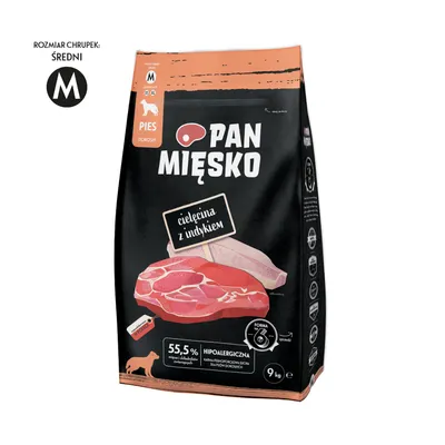 PAN MIĘSKO croquettes pour chien adulte, veau et dinde, 55,5 % viande et abats, hypoallergénique, taille moyenne, sac de 9 kg. Texte en polonais : cielęcina z indykiem. PAN MIĘSKO croquettes pour chien adulte, veau et dinde, 55,5 % viande et abats, hypoallergénique, taille moyenne, sac de 9 kg. Texte en polonais : cielęcina z indykiem.