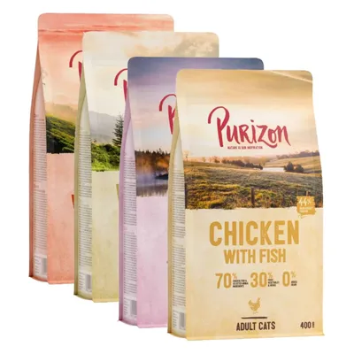 Purizon Chicken with Fish para gatos adultos, 400 g. Texto visible: 70 % carne y pescado, 30 % frutas y verduras, 0 % cereales. Paquetes de diferentes variedades al fondo.