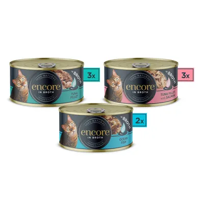 Encore in Broth krmivo pre mačky: 3x tuniakové filé, 3x tuniakové filé s lososom, 2x morské ryby. 100% prírodné zložky.