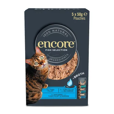 Ekonomipack: Encore Cat Pouch i buljong 20 x 50 g - Fisk selection (3 sorter)