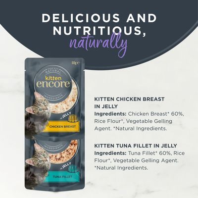 Encore Kitten Finest Selection, 20 portions: 3x tuna fillet, 2x chicken breast in jelly. Natural ingredients. Packaging shows a kitten and product images.