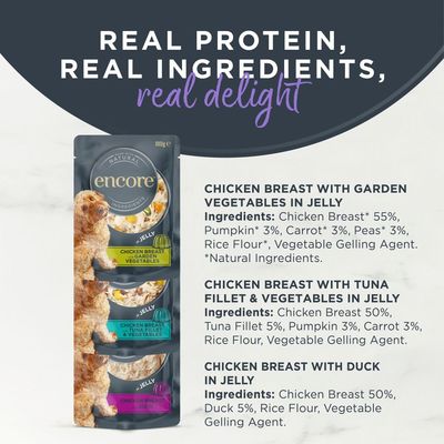 Encore Finest Selection, 5 x 100g kapsičky. Druhy: kuracie prsia so zeleninou, kuracie prsia s tuniakom a zeleninou, kuracie prsia s kačicou. Vyrobené z prírodných surovín.