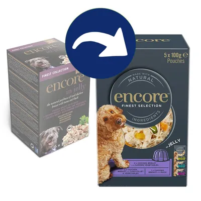Verpackung von encore Finest Selection in Jelly, 5 x 100g Pouches. Enthält: 2x Hähnchenbrust mit Gemüse, 2x Hähnchenfilet & Gemüse, 1x Hähnchenbrust mit Ente.