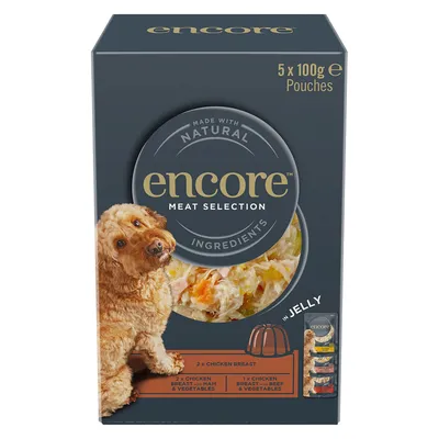 Encore Meat Selection in Jelly, 5 x 100g Pouches. Sorten: 2x Hähnchenbrust, 2x Hähnchenbrust mit Schinken und Gemüse, 1x Hähnchenbrust mit Rindfleisch und Gemüse. Natürliche Zutaten.