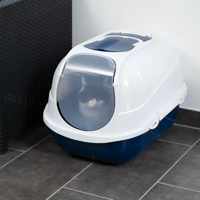 Maison de toilette pour chat avec porte battante transparente, coque blanche et bac bleu foncé, chat noir et blanc visible à l’intérieur.