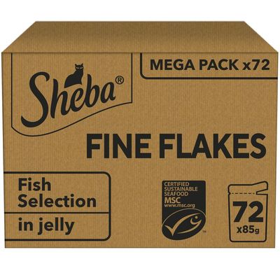 Sheba Fine Flakes Fish Selection in jelly, mega pack of 72 x 85g, certified sustainable seafood MSC.