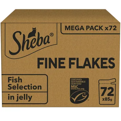 Sheba Fine Flakes Fish Selection in jelly, mega pack of 72 x 85g, certified sustainable seafood MSC.