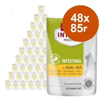 Animonda Integra Protect Intestinal с пиле и ориз, 48 пакета по 85 г. Видими надписи: Highly Digestible, Veterinary Diet, Urinary pH 6,4–6,8.