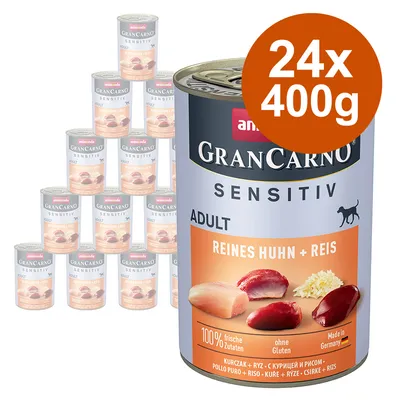 24x400g Animonda GranCarno Sensitiv Adult Reines Huhn + Reis. 100% frische Zutaten, ohne Gluten, Made in Germany. Synlige dåser med kylling og ris.