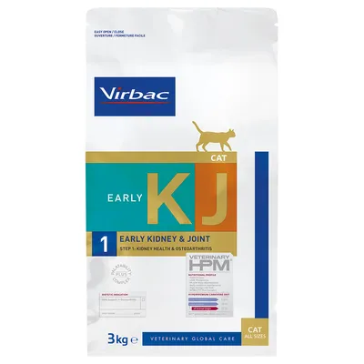 Sac Virbac Cat Early KJ Early Kidney & Joint, 3 kg, VETERINARY HPM, indications diététiques visibles, pour chat, mentions en anglais sur la santé rénale et articulaire.