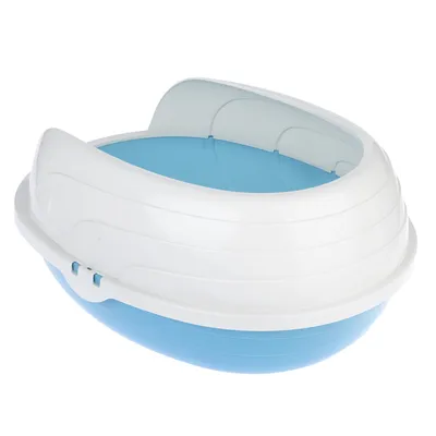 Arenero blanco y azul para gatos con tapa extraíble, diseño ovalado.