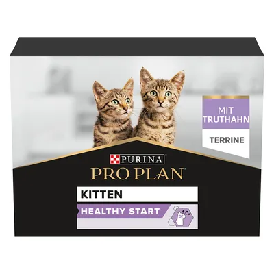 Purina Pro Plan Kitten Healthy Start terrine with turkey. Packaging shows two young cats. Purina Pro Plan Kitten Healthy Start terrine with turkey. Packaging shows two young cats.