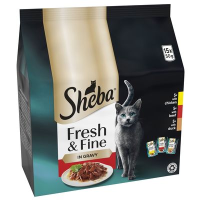 Sheba Fresh & Fine in Gravy, 15 x 50g pouches with 5 chicken, 5 poultry, and 5 turkey. Image shows product packaging and a plate of food.
