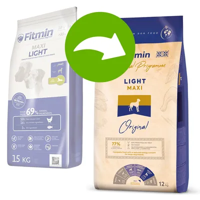 Fitmin Maxi Light Hundefutter für grosse Rassen. Links: 15kg, 69% tierische Zutaten. Rechts: 12kg, 77% frisches Geflügelfleisch, ohne Weizen, reduzierte Energie. Grüner Pfeil zeigt Produktwechsel. Fitmin Maxi Light Hundefutter für grosse Rassen. Links: 15kg, 69% tierische Zutaten. Rechts: 12kg, 77% frisches Geflügelfleisch, ohne Weizen, reduzierte Energie. Grüner Pfeil zeigt Produktwechsel.