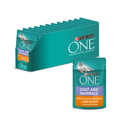 Purina ONE Coat and Hairball mini fileciki w sosie z kurczakiem i zieloną fasolką, opakowanie zbiorcze saszetek dla kotów, widoczny kot na etykiecie.