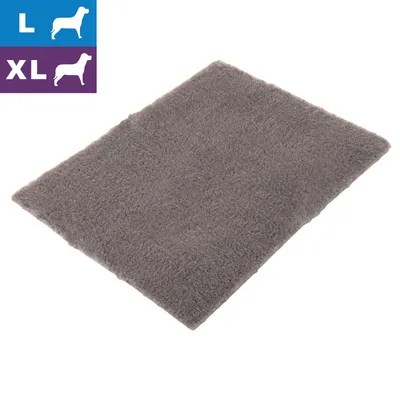 Tapis gris en tissu pour chien, tailles L et XL indiquées par pictogrammes dans le coin supérieur gauche. Tapis gris en tissu pour chien, tailles L et XL indiquées par pictogrammes dans le coin supérieur gauche.