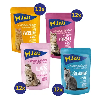 Mjau kattmat, 12x förpackningar i fyra sorter: Kyckling, Oxkött, Lax och Fjällröding. Naturliga ingredienser utan onödiga tillsatser, i sås.