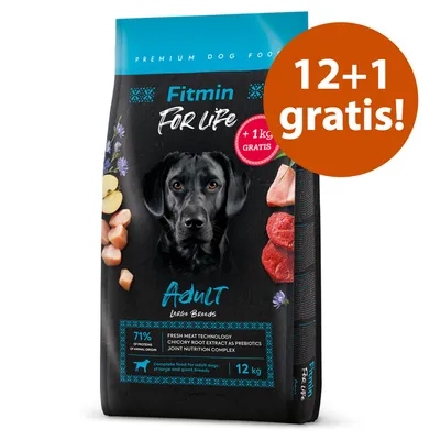 Fitmin For Life Adult Large Breeds, premium dog food, 12 kg pack with 71% animal protein. Offer: 12+1 free, plus 1 kg free.