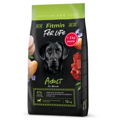 Fitmin For Life Adult All Breeds, premium dog food, 12 kg, with 67% animal protein, chicory root extract as prebiotic, Omega 3 & 6, +1 kg free.