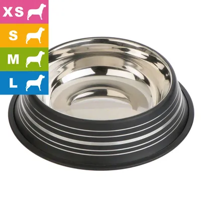 Gamelle en métal avec base antidérapante, disponible en tailles XS, S, M, L indiquées par des pictogrammes de chiens sur fond coloré.