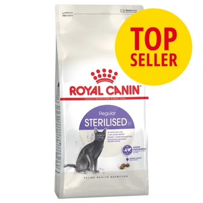 Royal Canin Regular Sterilised 37 kattefoder, billede af sort kat på posen, tekst: TOP SELLER i gul cirkel, vægtstyring og urinvejssundhed nævnt på emballagen.