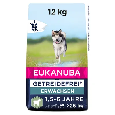 Eukanuba bezobilninové krmivo pre dospelých psov, 12 kg, vhodné pre psy od 1,5 do 6 rokov a nad 25 kg. Vyrobené v závode spracúvajúcom obilniny.
