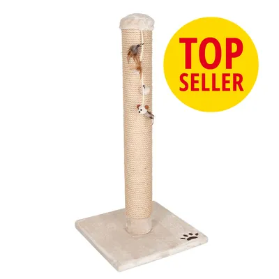 Kradsestolpe med beige sisalreb, legetøjsmus og fjer på snor, firkantet bund med poteaftryk. Gul cirkel med rød tekst: TOP SELLER.