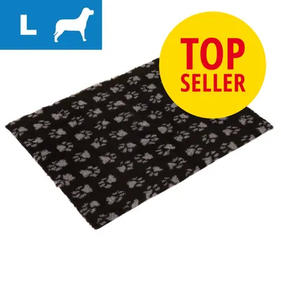 Sort tæppe med grå poteaftryk, størrelse L vist med blå ikon og hvid hundesilhuet. Gul cirkel med rød tekst: TOP SELLER.