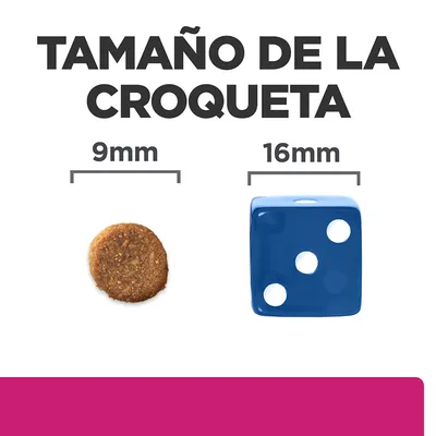 Tamaño de la croqueta: imagen comparativa con una croqueta de 9 mm y un dado azul de 16 mm. Texto visible: 'TAMAÑO DE LA CROQUETA', '9 mm', '16 mm'.