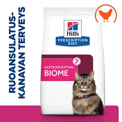Hill's Prescription Diet Gastrointestinal Biome -kissanruokapakkaus, teksti: ruoansulatuskanavan terveys, kanan siluetti, pitkäkarvainen kissa etiketissä.