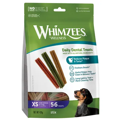Whimzees Wellness Daily Dental Treats XS for dogs 2-7kg, 56 pieces. Reduces plaque and tartar, hypoallergenic, gluten-free, fresh breath, natural ingredients.