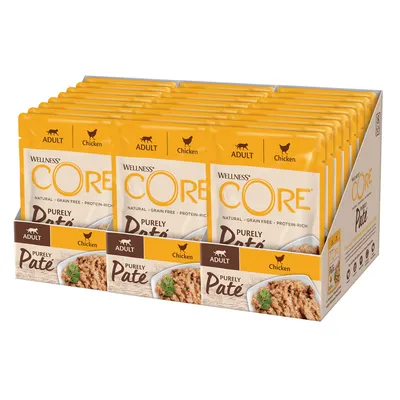 Wellness CORE Purely Paté Adult, Huhn, natürlich, getreidefrei, proteinreich. Verpackung mit mehreren Portionsbeuteln sichtbar.