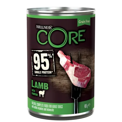 Boîte Wellness CORE 400 g, texte visible : 95 % single protein, lamb with pumpkin, grain free, natural complete food for adult dogs with added vitamins and minerals.